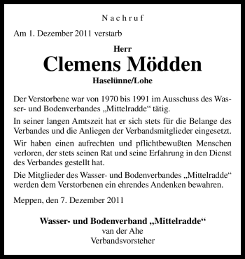 Traueranzeige von Clemens Mödden von Neue Osnabrücker Zeitung