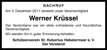 Traueranzeige von Werner Krüssel von Neue Osnabrücker Zeitung