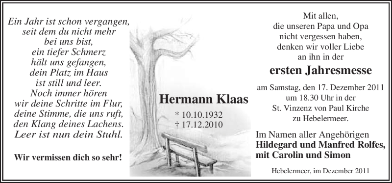  Traueranzeige für Hermann Klaas vom 16.12.2011 aus Neue Osnabrücker Zeitung