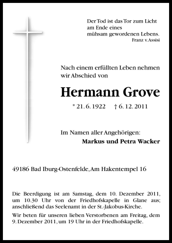 Traueranzeige von Hermann Grove von Neue Osnabrücker Zeitung