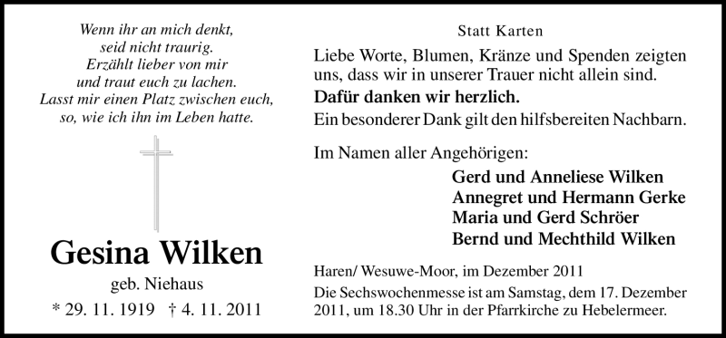  Traueranzeige für Gesina Wilken vom 14.12.2011 aus Neue Osnabrücker Zeitung