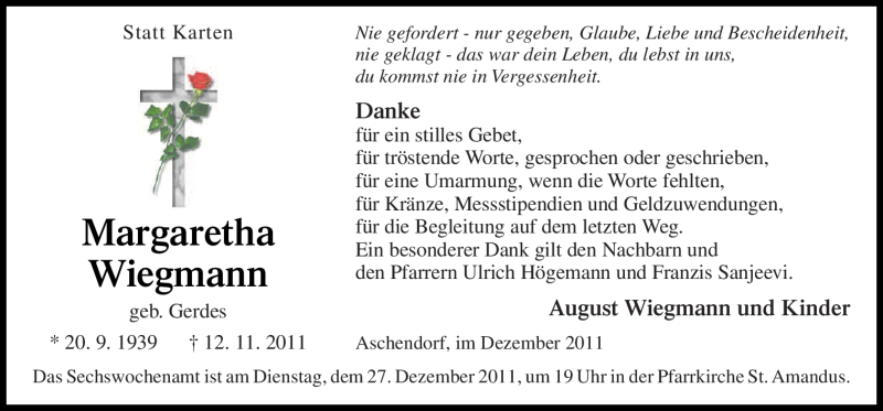  Traueranzeige für Margaretha Wiegmann vom 20.12.2011 aus Neue Osnabrücker Zeitung