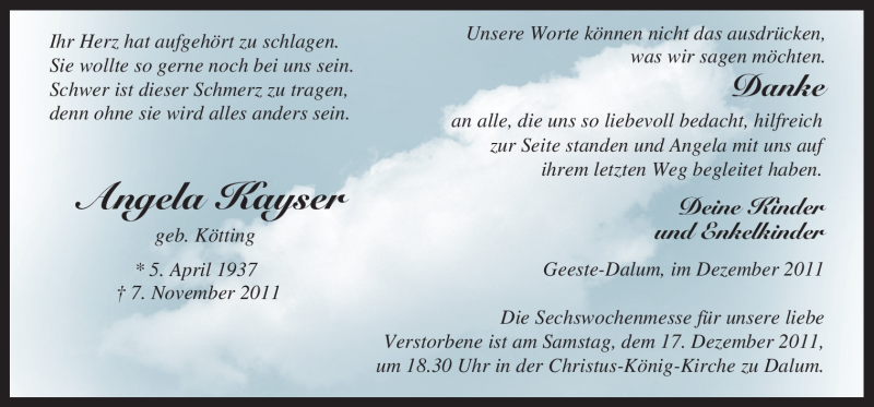  Traueranzeige für Angela Kayser vom 14.12.2011 aus Neue Osnabrücker Zeitung