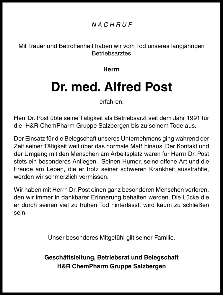  Traueranzeige für Alfred Post vom 10.12.2011 aus Neue Osnabrücker Zeitung