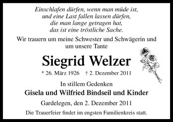 Traueranzeige von Siegrid Welzer von Neue Osnabrücker Zeitung