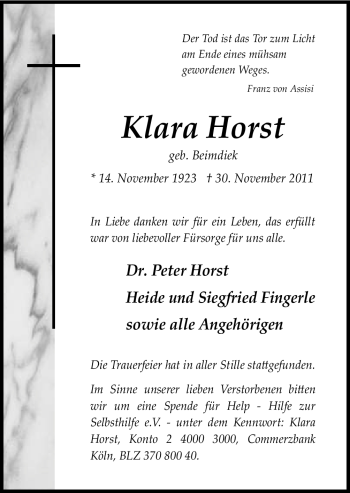 Traueranzeige von Klara Horst von Neue Osnabrücker Zeitung