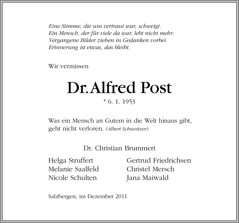  Traueranzeige für Alfred Post vom 10.12.2011 aus Neue Osnabrücker Zeitung