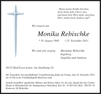 Traueranzeige von Monika Rebischke von Neue Osnabrücker Zeitung