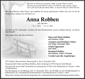 Traueranzeige von Anna Robben von Neue Osnabrücker Zeitung