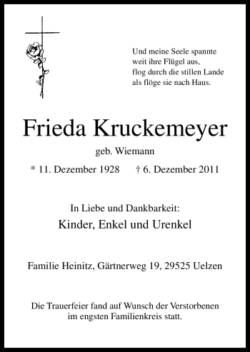 Traueranzeige von Frieda Kruckemeyer von Neue Osnabrücker Zeitung