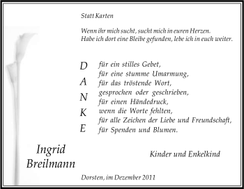 Traueranzeige von Ingrid Breilmann von Neue Osnabrücker Zeitung