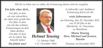 Traueranzeige von Helmut Tensing von Neue Osnabrücker Zeitung