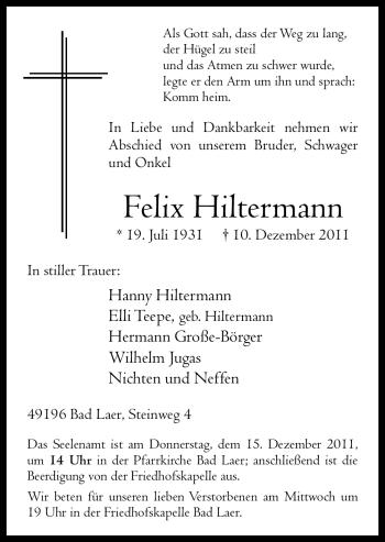 Traueranzeige von Felix Hiltermann von Neue Osnabrücker Zeitung