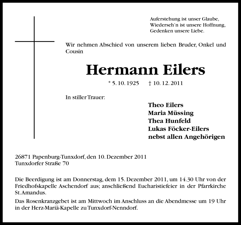  Traueranzeige für Hermann Eilers vom 13.12.2011 aus Neue Osnabrücker Zeitung