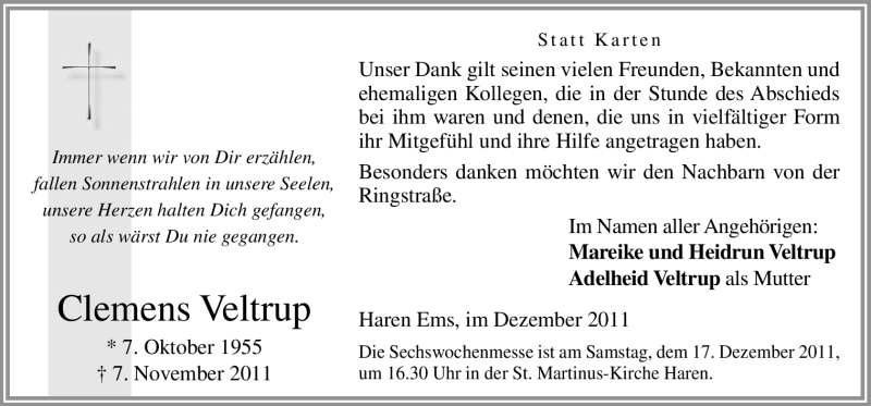  Traueranzeige für Clemens Veltrup vom 14.12.2011 aus Neue Osnabrücker Zeitung