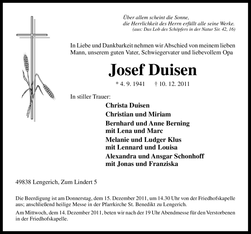  Traueranzeige für Josef Duisen vom 13.12.2011 aus Neue Osnabrücker Zeitung