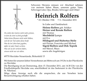 Traueranzeige von Heinrich Rolfers von Neue Osnabrücker Zeitung