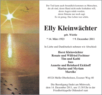 Traueranzeige von Elly Kleinwächter von Neue Osnabrücker Zeitung