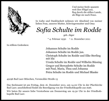 Traueranzeige von Sofia Schulte im Rodde von Neue Osnabrücker Zeitung