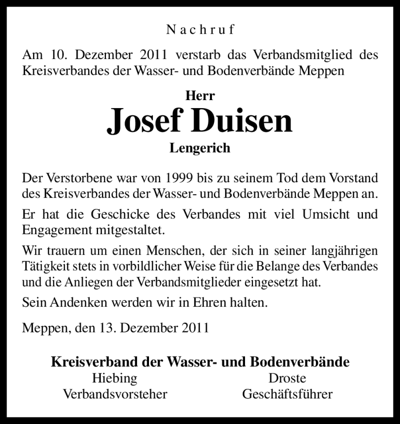  Traueranzeige für Josef Duisen vom 14.12.2011 aus Neue Osnabrücker Zeitung