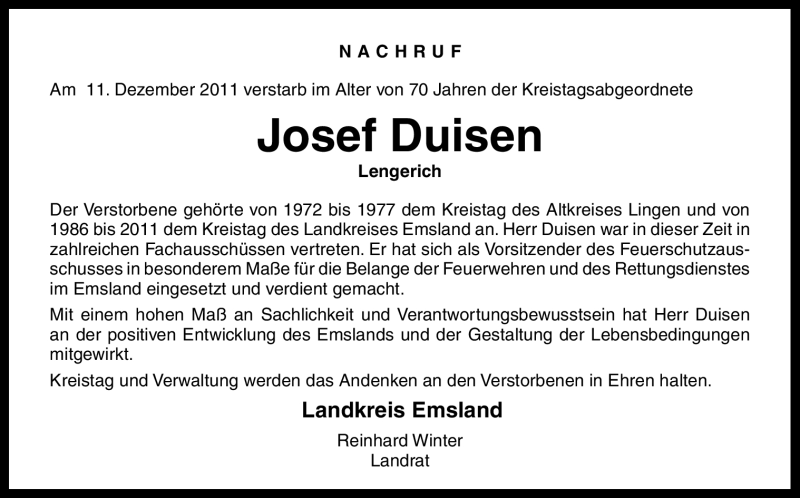  Traueranzeige für Josef Duisen vom 14.12.2011 aus Neue Osnabrücker Zeitung