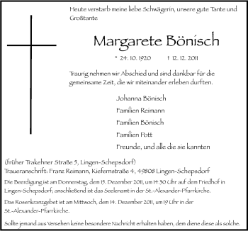 Traueranzeige von Margarete Bönisch von Neue Osnabrücker Zeitung