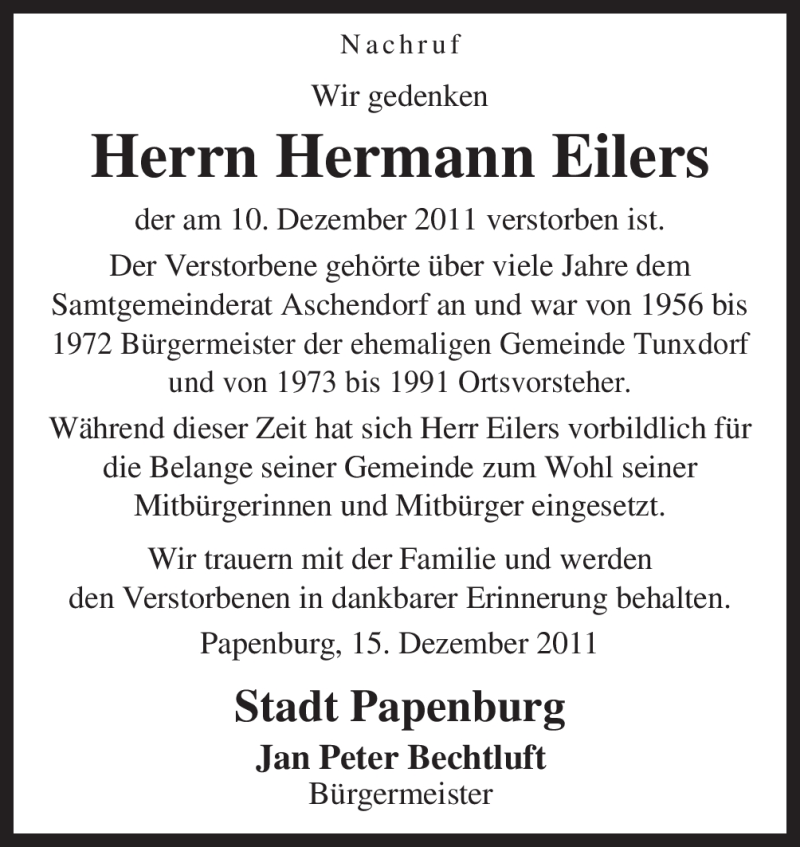  Traueranzeige für Hermann Eilers vom 15.12.2011 aus Neue Osnabrücker Zeitung