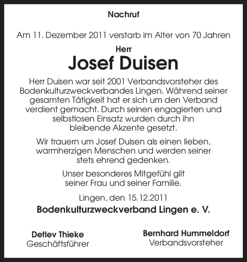  Traueranzeige für Josef Duisen vom 15.12.2011 aus Neue Osnabrücker Zeitung