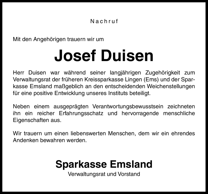  Traueranzeige für Josef Duisen vom 15.12.2011 aus Neue Osnabrücker Zeitung