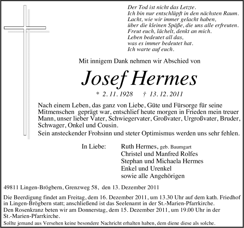  Traueranzeige für Josef Hermes vom 15.12.2011 aus Neue Osnabrücker Zeitung