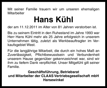 Traueranzeige von Hans Kühl von Neue Osnabrücker Zeitung