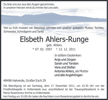 Traueranzeige von Elisabeth Ahlers-Runge von Neue Osnabrücker Zeitung