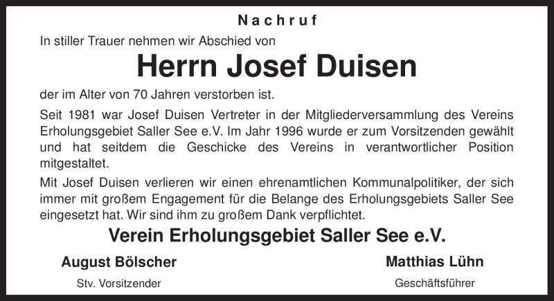  Traueranzeige für Josef Duisen vom 16.12.2011 aus Neue Osnabrücker Zeitung