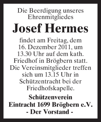 Traueranzeige von Josef Hermes von Neue Osnabrücker Zeitung