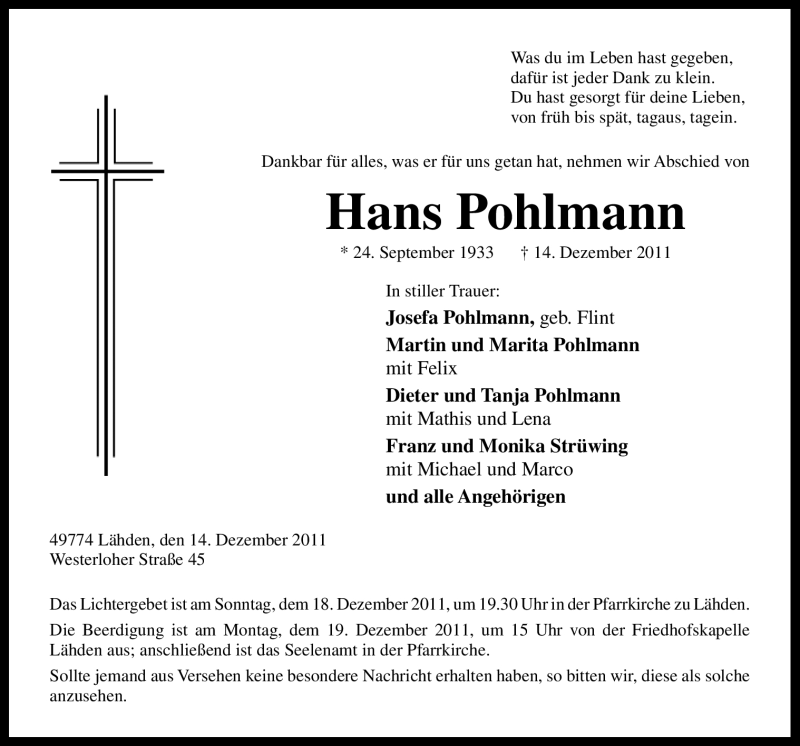  Traueranzeige für Hans Pohlmann vom 16.12.2011 aus Neue Osnabrücker Zeitung