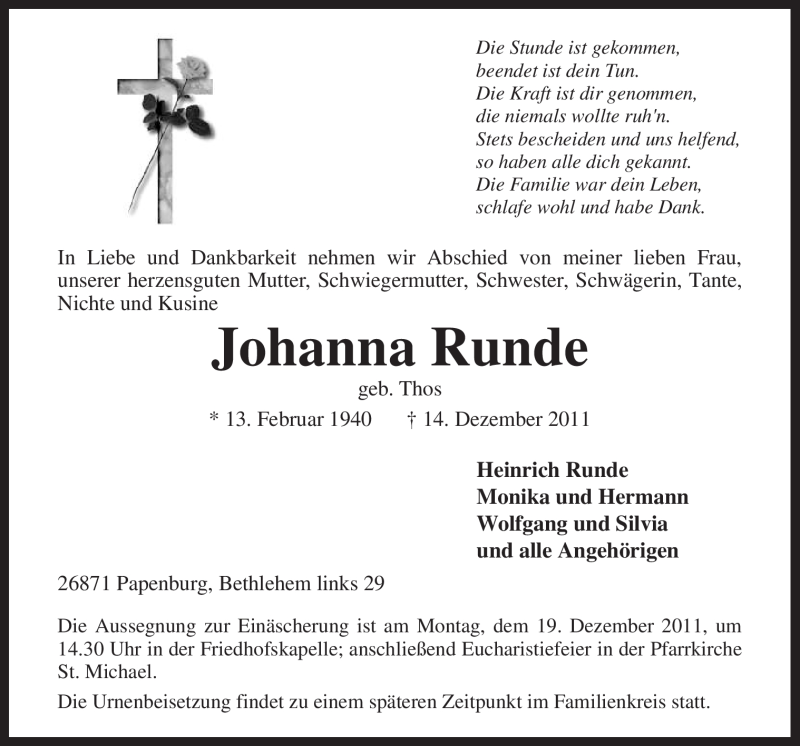  Traueranzeige für Johanna Runde vom 16.12.2011 aus Neue Osnabrücker Zeitung