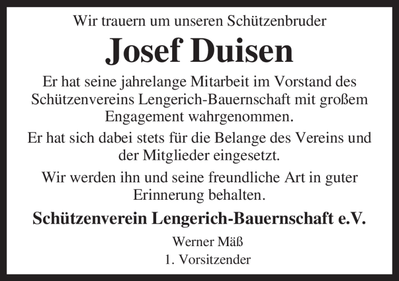  Traueranzeige für Josef Duisen vom 17.12.2011 aus Neue Osnabrücker Zeitung