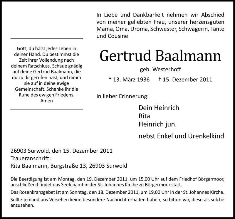  Traueranzeige für Gertrud Baalmann vom 17.12.2011 aus Neue Osnabrücker Zeitung