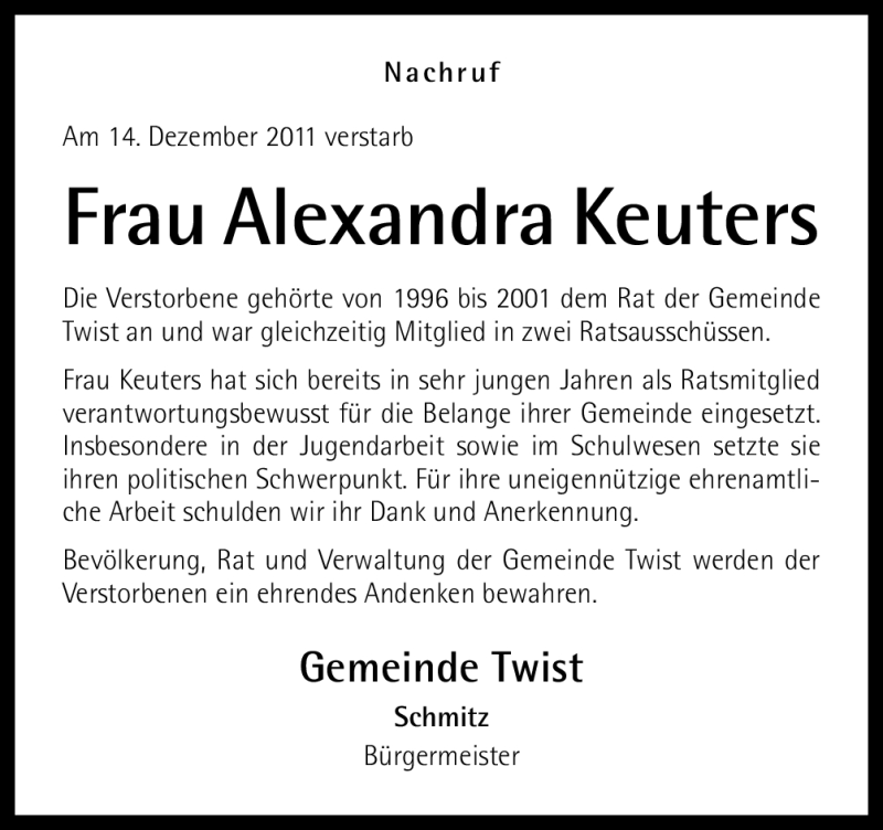  Traueranzeige für Alexandra Keuters vom 19.12.2011 aus Neue Osnabrücker Zeitung
