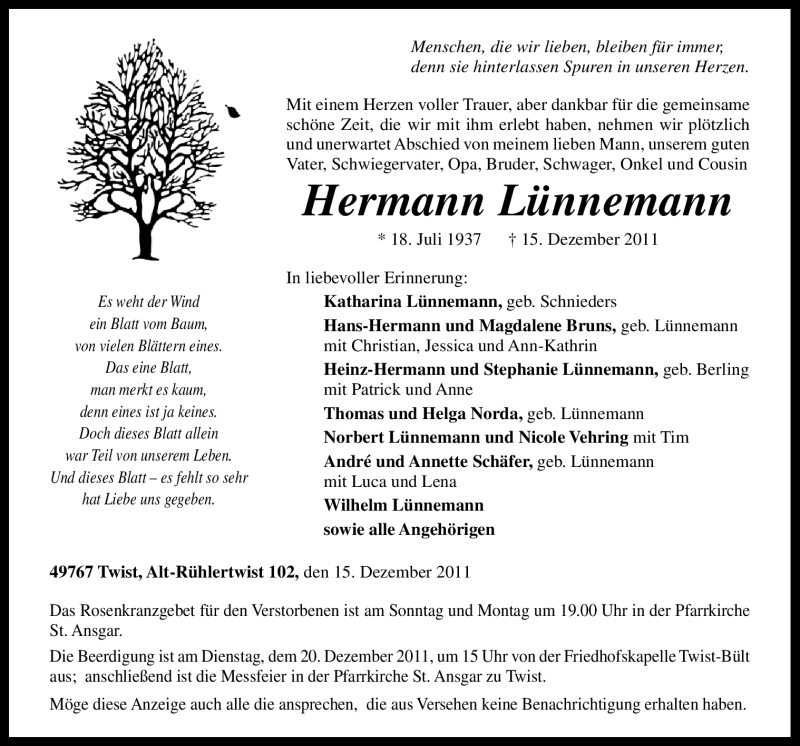  Traueranzeige für Hermann Lünnemann vom 17.12.2011 aus Neue Osnabrücker Zeitung