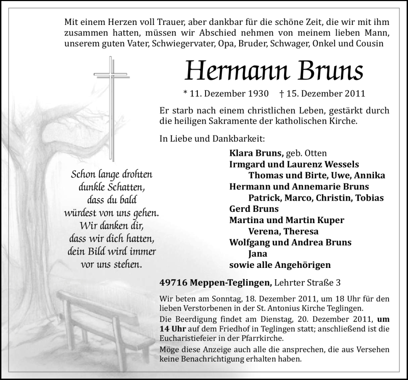  Traueranzeige für Hermann Bruns vom 17.12.2011 aus Neue Osnabrücker Zeitung