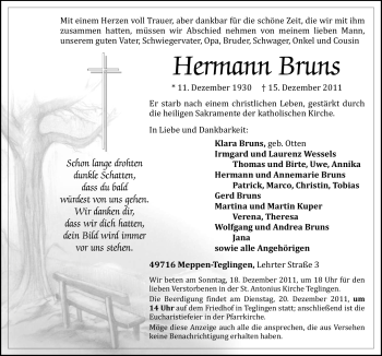 Traueranzeige von Hermann Bruns von Neue Osnabrücker Zeitung