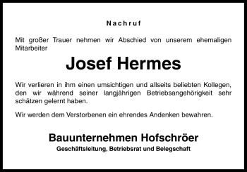 Traueranzeige von Josef Hermes von Neue Osnabrücker Zeitung