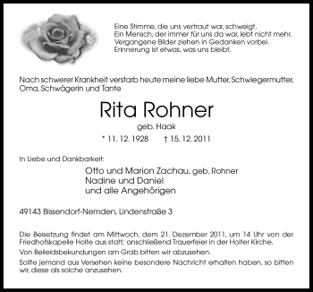 Traueranzeige von Rita Rohner von Neue Osnabrücker Zeitung