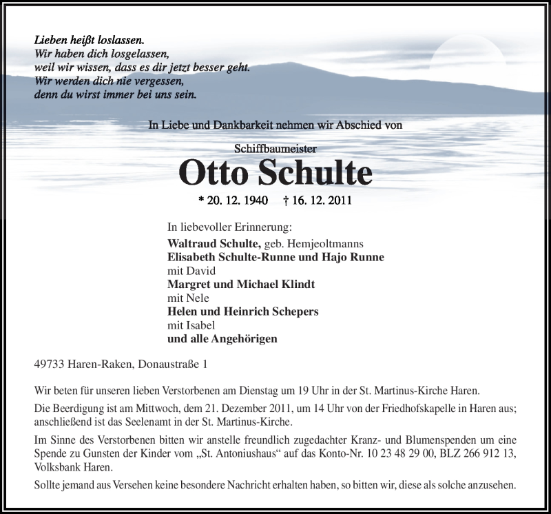  Traueranzeige für Otto Schulte vom 19.12.2011 aus Neue Osnabrücker Zeitung