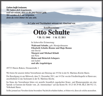Traueranzeige von Otto Schulte von Neue Osnabrücker Zeitung