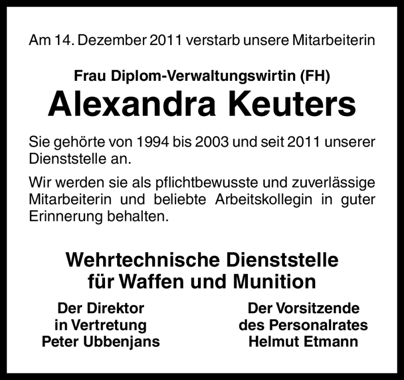  Traueranzeige für Alexandra Keuters vom 19.12.2011 aus Neue Osnabrücker Zeitung
