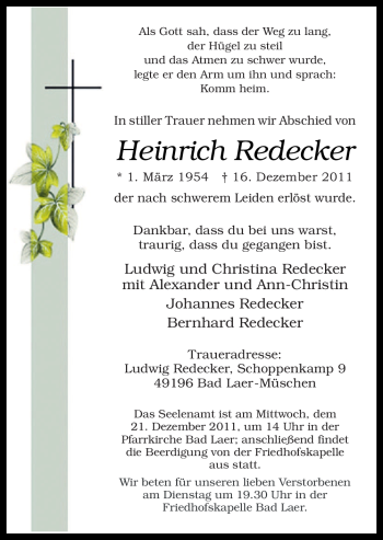 Traueranzeige von Heinrich Redecker von Neue Osnabrücker Zeitung