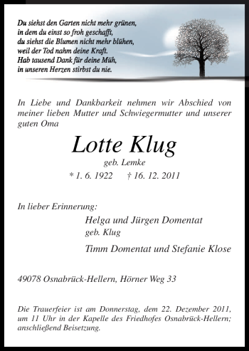 Traueranzeige von Lotte Klug von Neue Osnabrücker Zeitung