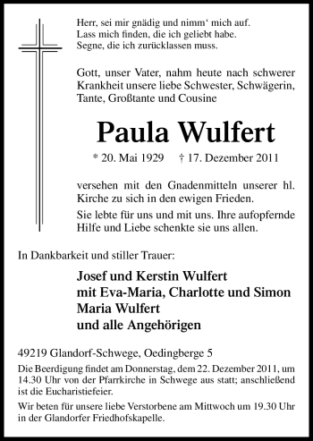 Traueranzeige von Paula Wulfert von Neue Osnabrücker Zeitung